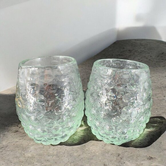 Hand Blown Stemless Drinking Cups Tumbler Set 2 Recycle Glass Green Tint Glasses - Picture 2 of 16